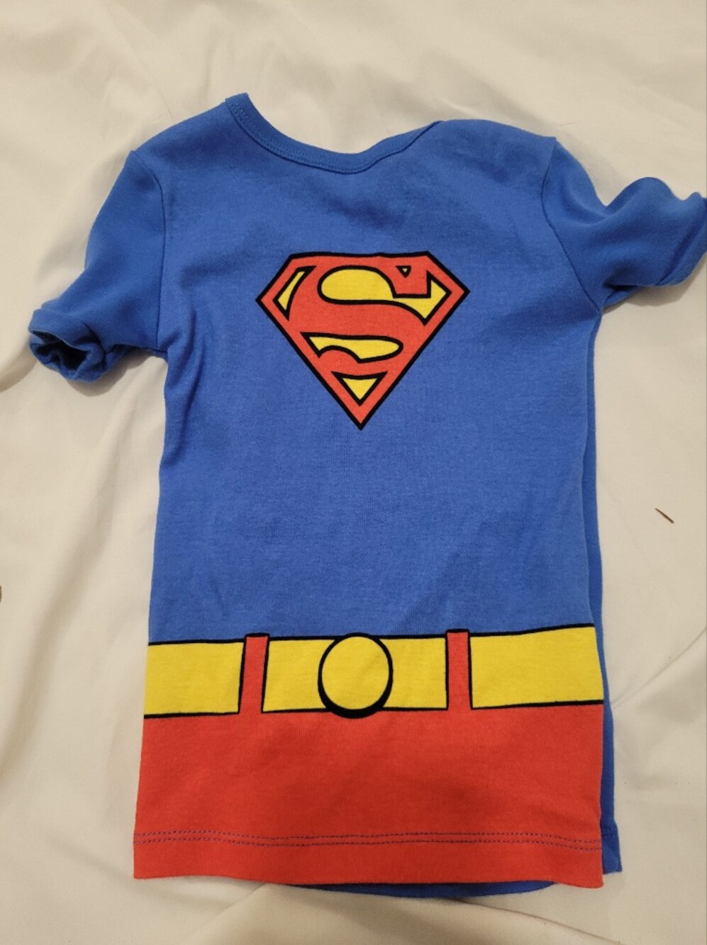 DC Blue Superman Costume Tee with Red and Yellow Emblem